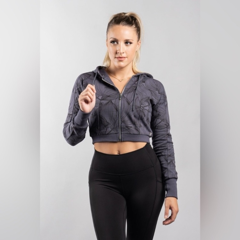 •Buff Bunny Collection Gray Citrus Floral Leaf Cropped Zip-Up Hooded Jacket #K